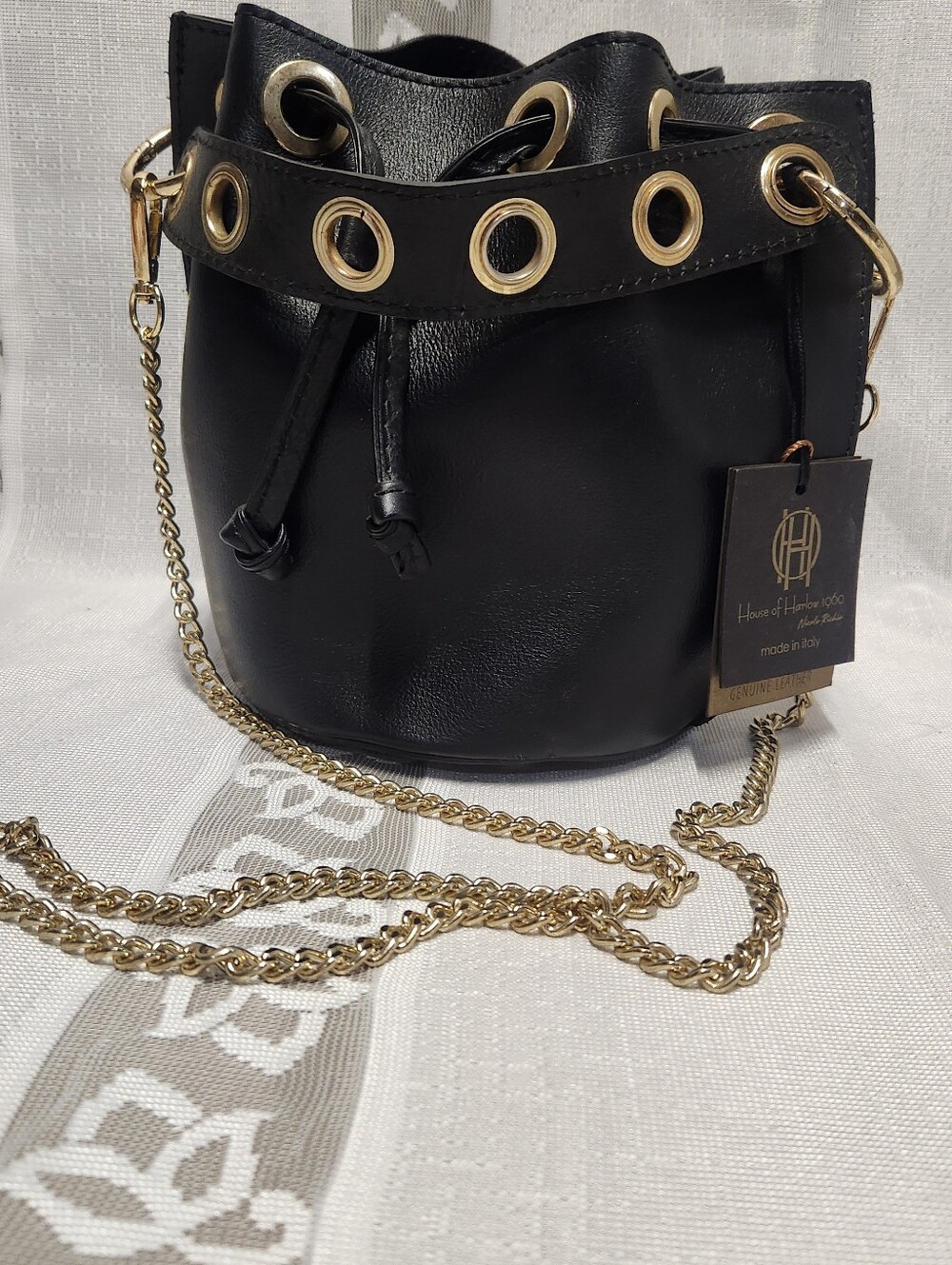 House of Harlow 1960 Black Leather Drawstring Bucket Bag with Gold Chain New